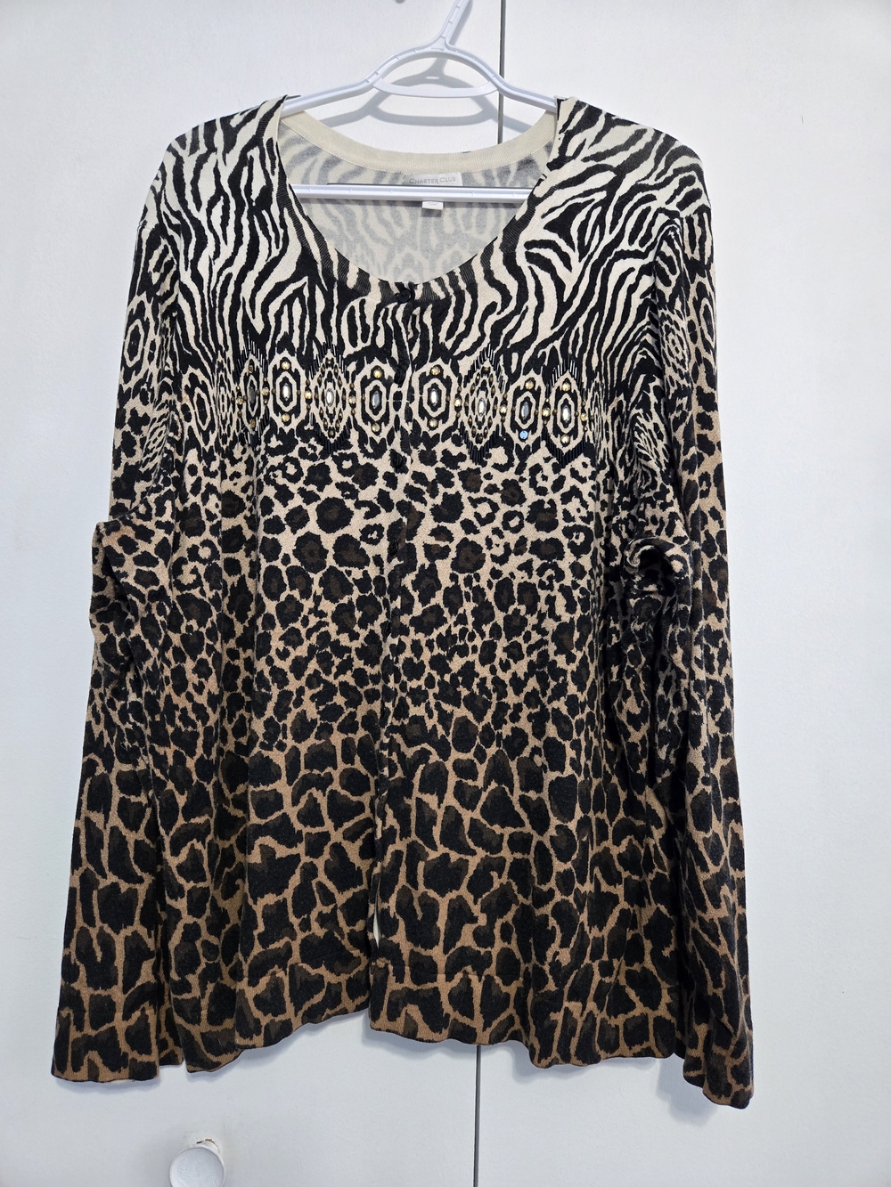 Charterโ Club Woman 3X Animal Print Embellished Button Down Cardigan